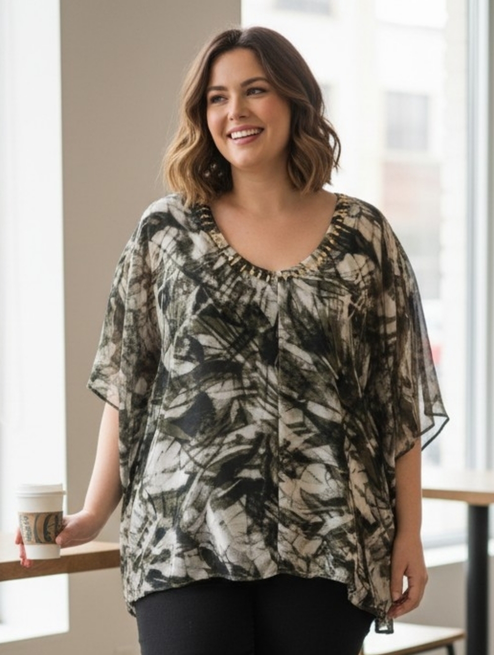 🎉SALE A.n.a Abstract Print Batwing Top With Gold Embellished Neckline
